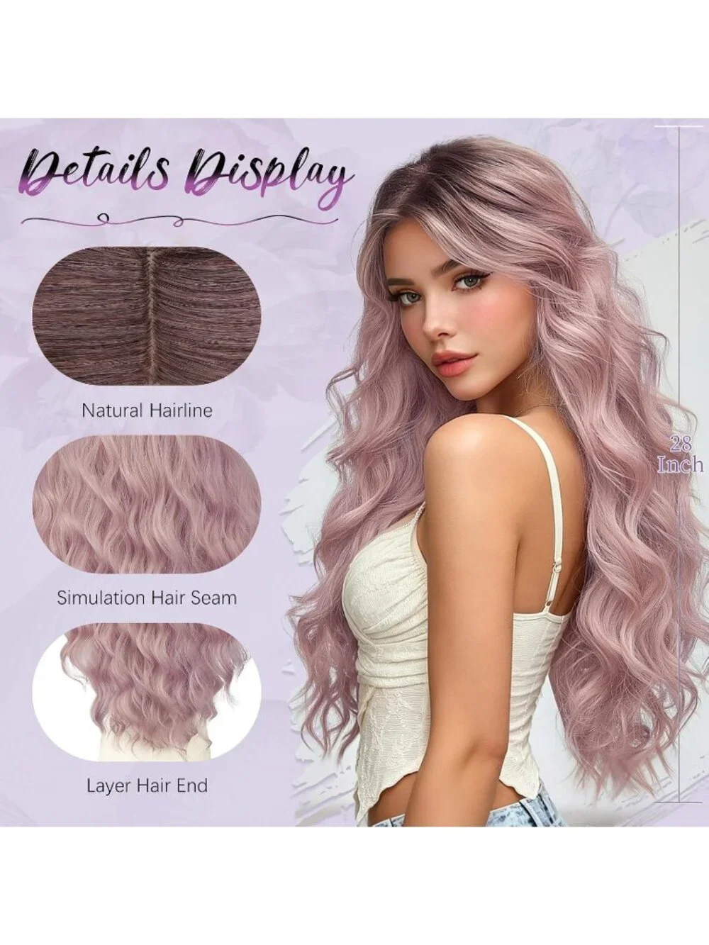 Women's Rose Gold Pink 28 Inch Lace Front Soft Synthetic Long Wavy Curly Wigs
